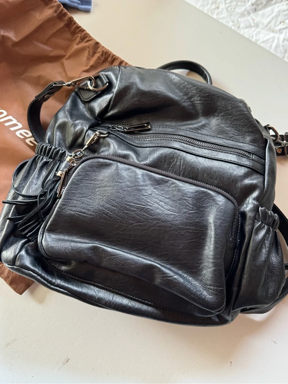 Classic Black Leather Tote Backpack - Unbranded